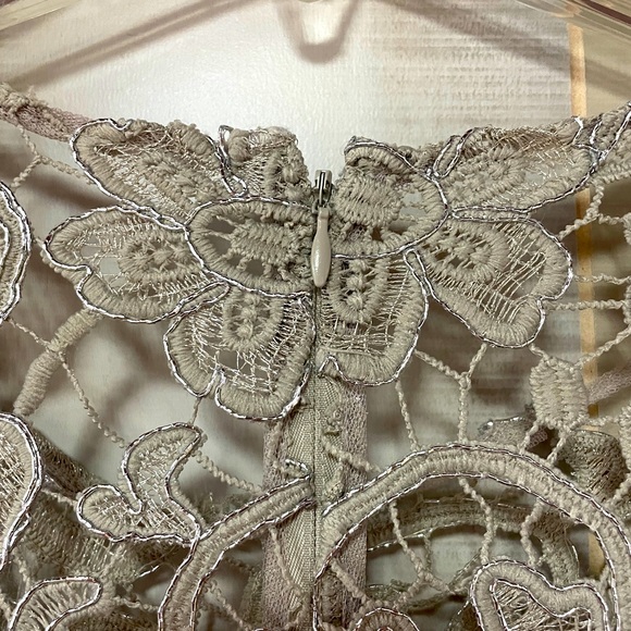 Marina Taupe And Silver Metallic Floral Lace Overlay Dress Sheer Sleeves Sz 12 - Picture 6 of 9